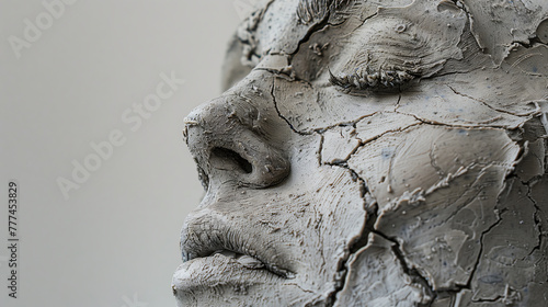 Portrait of a woman with face covered in clay. Clay face of a girl. Cracked clay as a concept for dry skin in the beauty industry. White background.