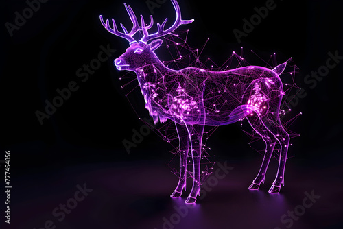 Glowing purple neon reindeer isotated on black background.