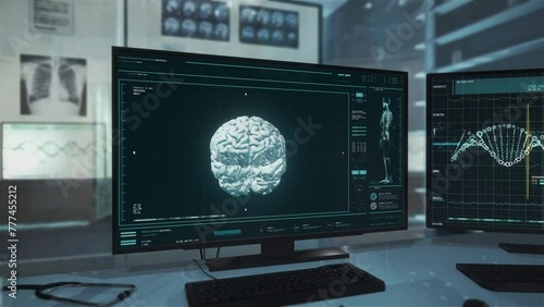 Modern system is scanning the brain of the sick person. Medical system is processing the brain scan data. Medical system detects the cancerous tumor after the mri scan of the human brain. Health Care. photo