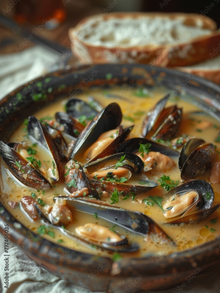 Fototapeta premium A sumptuous bowl of Conwy mussels in cider, served with crusty bread, a treat for seafood lovers.