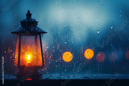 An old lantern glows against a frosty window, the warmth inside contrasting with the blue dusk outside.
