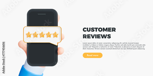 3D Hand holding phone with five star review rating. Online service quality assessment. Customer product feedback. Social media reputation. Cartoon creative design vector illustration for web banner