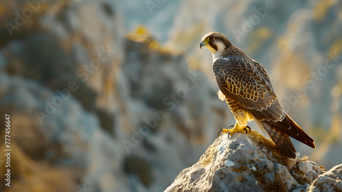 A fierce falcon perched atop a rocky cliff, surveying its domain with intensity, against a blurred mountain backdrop