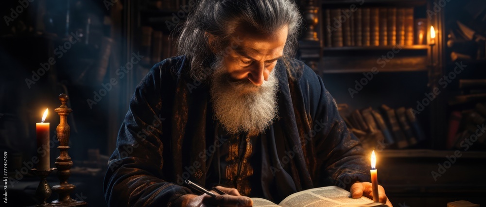 Elderly Man With Long White Beard Reading Book Generative AI