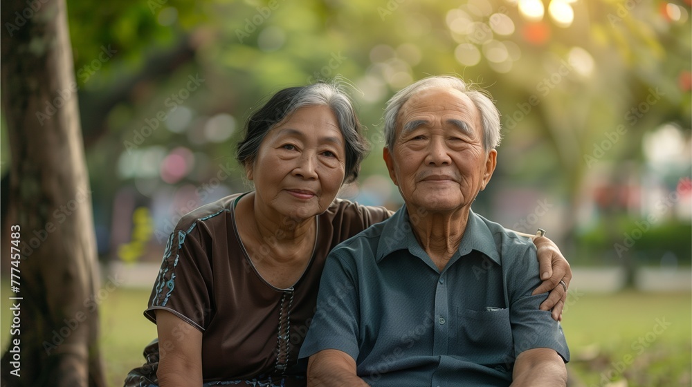 Elderly Asian couple With love evident in retirement, reflecting the retirement of the elderly. Elderly Asian couple With love evident in retirement, reflecting the retirement of the elderly.