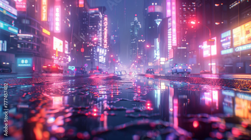 3D Rendering of neon mega city with light reflection from puddles on street heading toward buildings. Concept for night life, business district center (CBD)Cyber punk theme, tech background.
