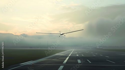 a serene and peaceful AI illustration of a glider gracefully soaring above an airport runway, capturing the beauty of silent flight attractive look photo