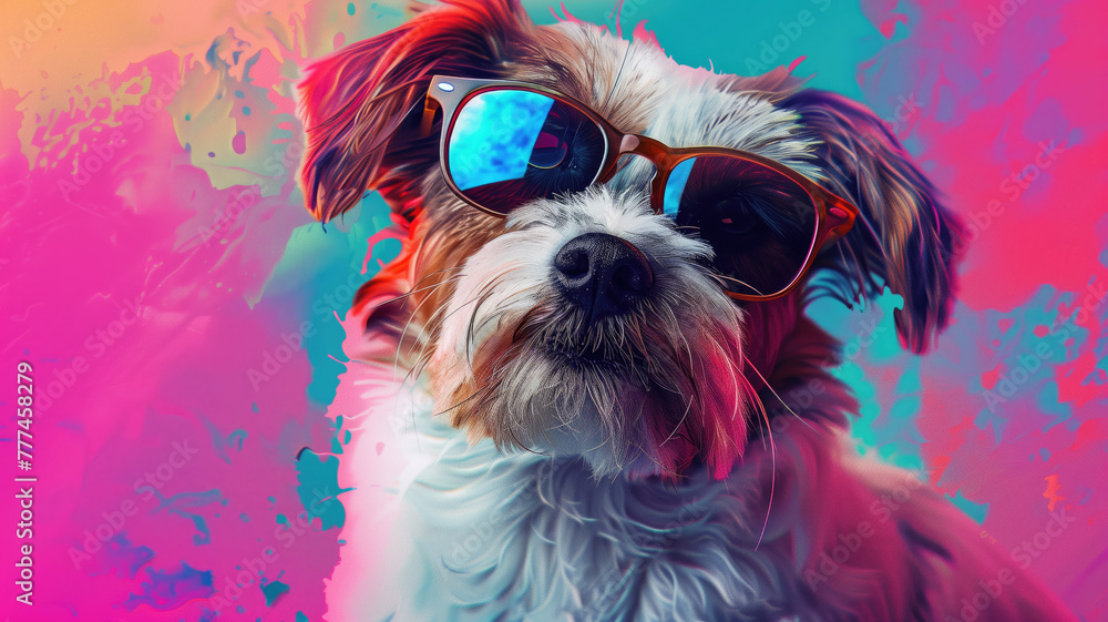 cool dog with sunglass in a stunning background ultra realistic Generative AI	
