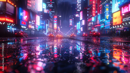 3D Rendering of neon mega city with light reflection from puddles on street heading toward buildings. Concept for night life  business district center  CBD Cyber punk theme  tech background.