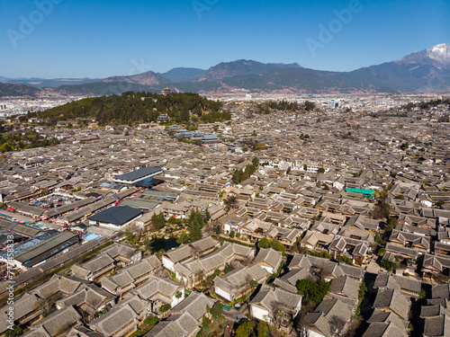 Aerial of the famous Lijand old town in Yunnan province in south west China on a sunny winter day