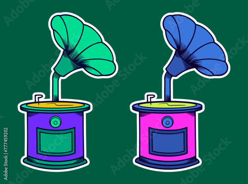 Gramofon Doodle Sticker Illustration with Retro Style