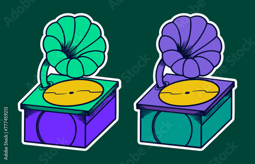 Gramofon Doodle Sticker Illustration with Retro Style