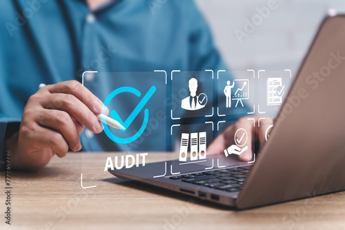 Fototapeta Naklejka Na Ścianę i Meble -  Business technology management, Certificate online, Standard and quality control concept, Businessman check and approval for ISO certification and standardization document audit, accountant Audit