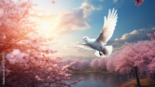 Graceful white dove flying under sunlight with beautiful blossoming sakura trees in the background