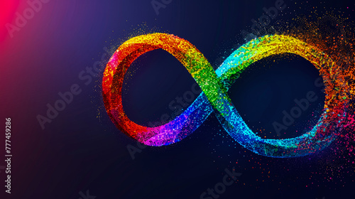 Sign of an endless rainbow on dark background. Symbol of movement for rights and acceptance of autism. World Autism Awareness and Neurodiversity Day. Copy space.