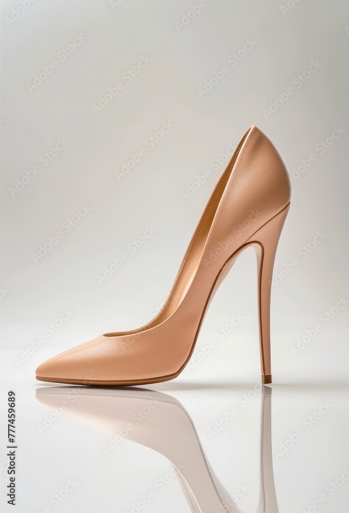 One beige leather high heel shoe. One beige leather high heel shoe.