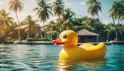 A yellow rubber duck floating in the water of a luxurious resort with palm trees on a sunny day