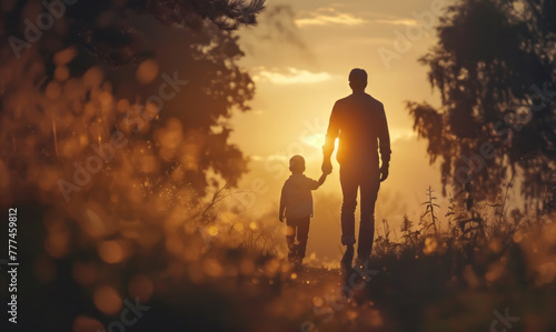 happy fathers day with silhouette of dad and son walking at sunset