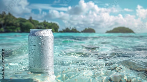 A chilled beverage can sits afloat in clear tropical waters, condensation beading on its surface, evoking a sense of refreshment and exotic escape. Product Mockup Concept
