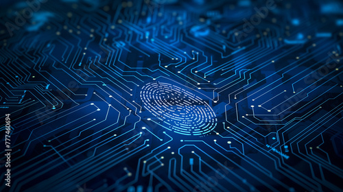 A neon blue digital fingerprint scanner or sensor on a dark AI-integrated electronic circuit bord hi tech background. Fingerprint scanning identification security system, biometrics security.