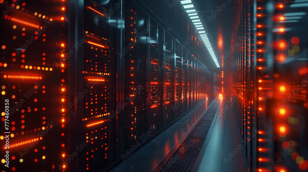 Futuristic Server Room with Glowing Red Data Racks