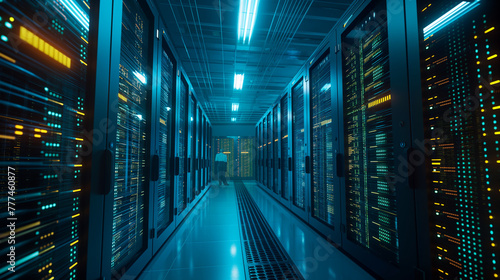 Modern Network Server Room with Blue Data Racks