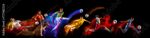 Male football players in motion with ball, playing on black background in neon with mixed lights. Champions. Concept of sport, competition, tournament, action, dynamics. Banner
