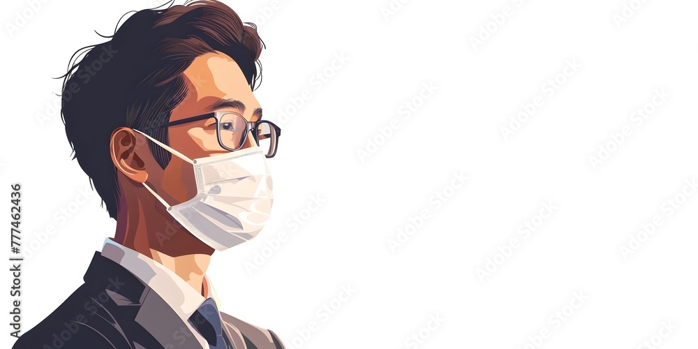 A Calm Businessman with Neutral Mask on White Background Isolated Focusing on Decision with Safety and Protection description The image depicts a A Calm Businessman with Neutral Mask on White Background Isolated Focusing on Decision with Safety and Protection description The image depicts a
