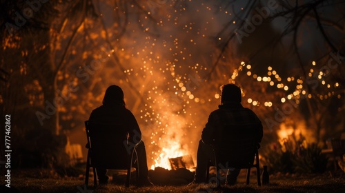 Two people sitting in chairs near a fire pit with lights, AI