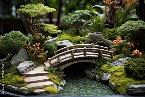 A  Zen garden with a small pond and bridge  AI generated