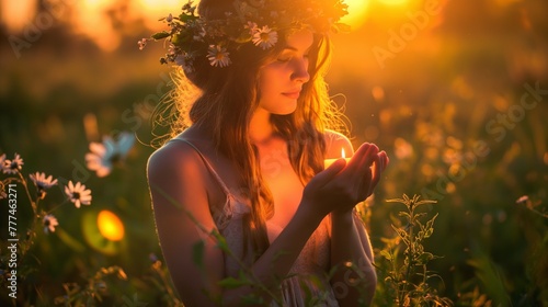 woman standing in the summer meadow at sunset with a flower wreath on her head and a burning candle in her hands. 