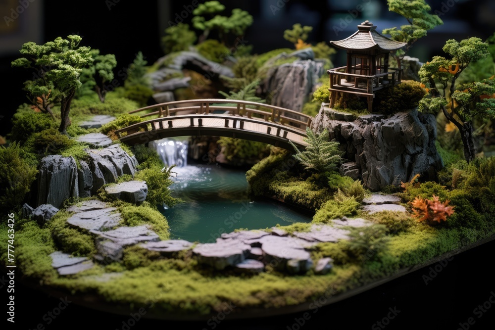 A  Zen garden with a small pond and bridge, AI generated