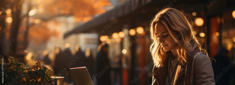 Fototapeta premium Woman Working on Laptop at Table Generative AI