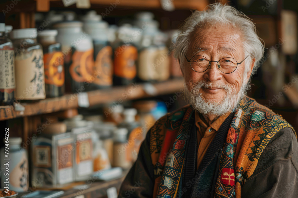 Portrait of asian elderly male experienced acupuncturist, performing ancient healing rituals. Restoring health and vitality to patients. Traditional Chinese medicine concept Portrait of asian elderly male experienced acupuncturist, performing ancient healing rituals. Restoring health and vitality to patients. Traditional Chinese medicine concept
