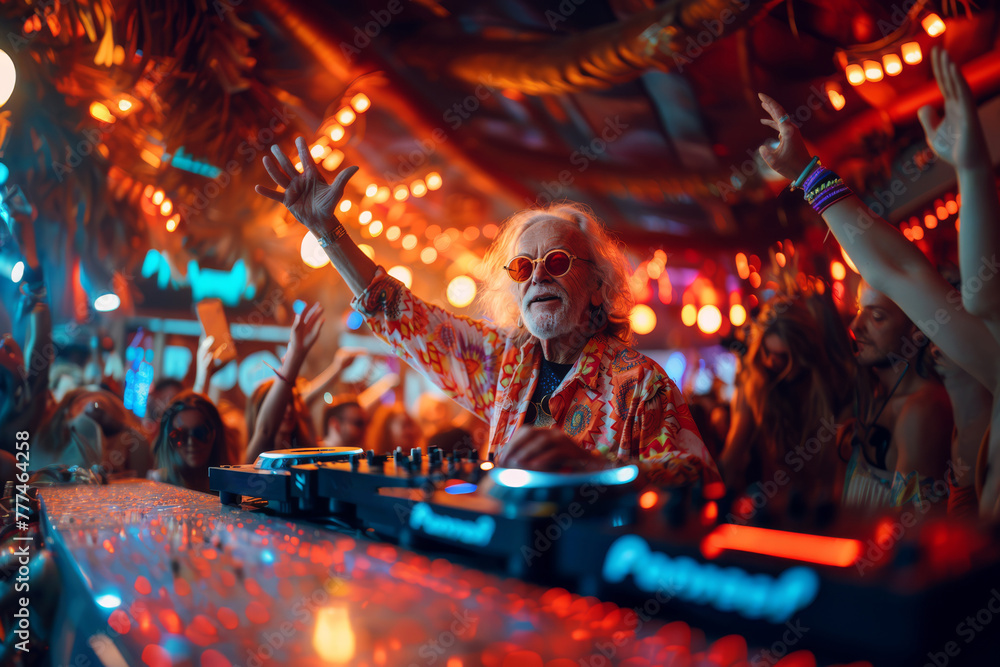 Obraz premium Elderly male DJ in brightly colored trendy clothing and sunglasses raises his hand in the air and swings the crowd to a vibrant dynamic music track. Dynamic dance scene unfolds in the background