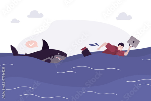 Businessman tries to swim away from huge shark. Entrepreneur in troubles, male person in ocean with dangerous shark. Business adversity concep