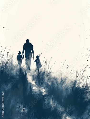 silhouette di un padre e due figli un maschio e una femmina, fondo solido bianco - generative ai photo