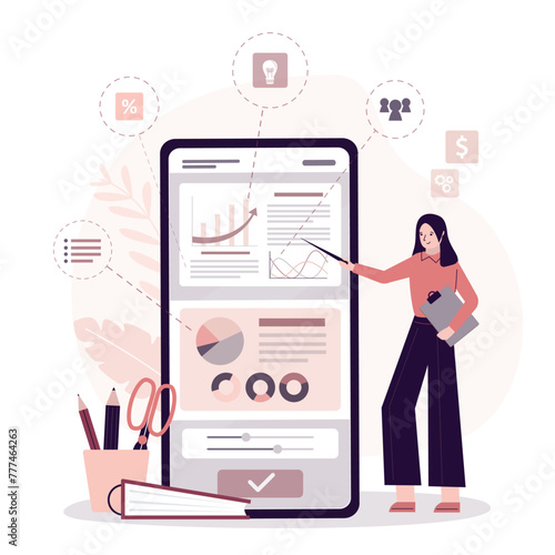 Stock market trading course. Woman business coach teaching money and risk management. Financial literacy, boost your earnings and skills. Online education in mobile app.