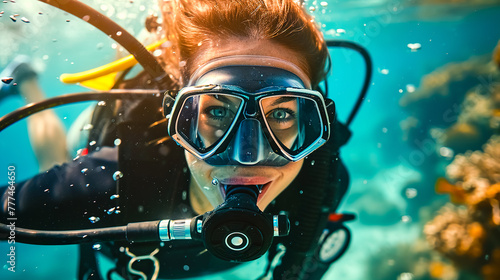 Close-up portrait of a happy scuba woman diver underwater.
