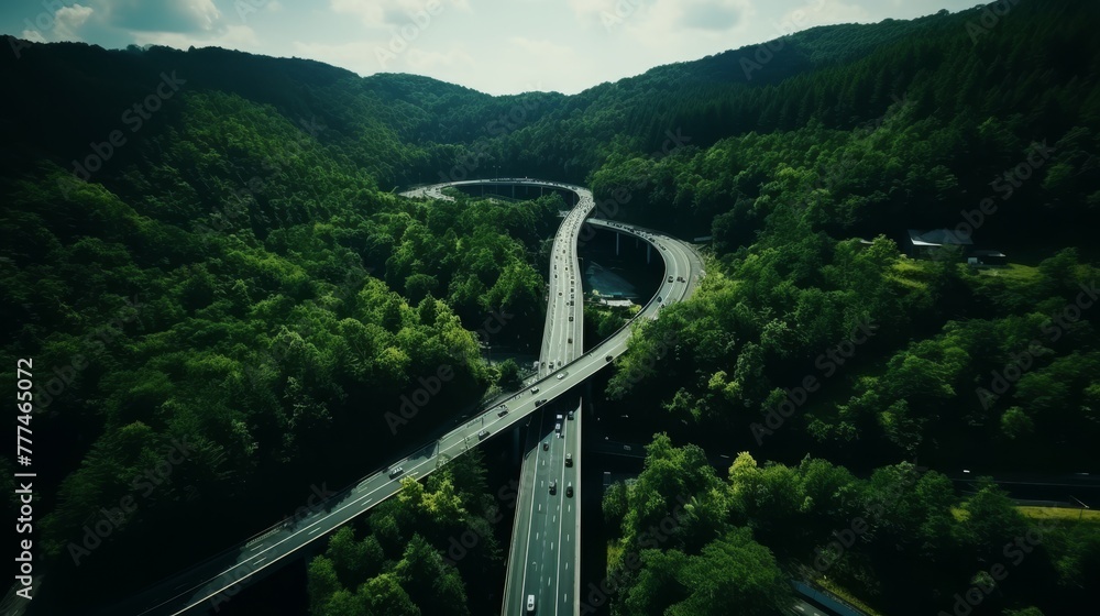 Fototapeta premium Aerial view of highway and bridge surrounded by lush green forest on a bright summer day