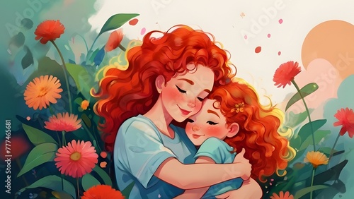 mother hugging her daughter. Happy Mother's Day - cute watercolor postcard with woman with red hair and girl on floral background. Motherhood, care, love, flowers art