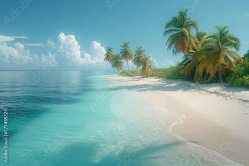 A picturesque tropical beach with palm trees, azure water, and clear blue skies. This natural landscape is perfect for a relaxing travel destination