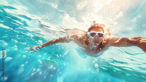 Nuotatore esegue una bracciata perfetta sotto la luce del sole photo