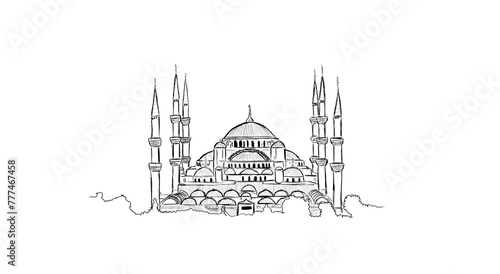 black and white sketch of Mosque. hand drawn sultanahmet mosque illustration. sketch drawing