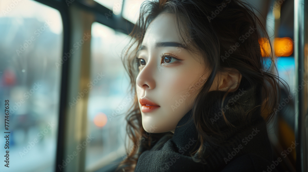 As she commutes to work on Seoul's subway in the morning, a young Korean woman gazes out the window, absorbing the vibrant energy of the city as it rushes. As she commutes to work on Seoul's subway in the morning, a young Korean woman gazes out the window, absorbing the vibrant energy of the city as it rushes.