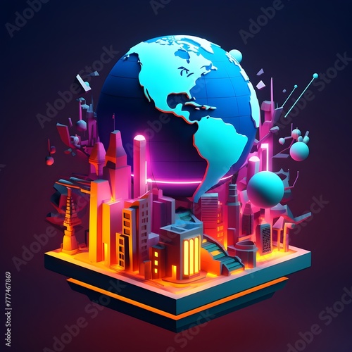 Low Poly Futuristic Neon World: A Vision of Tomorrow's Interconnected Data Network photo