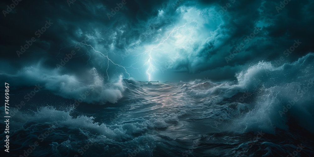 Digital artwork vividly portrays the intense energy of thunderclouds and lightning strikes amidst tumultuous ocean waves under a stormy sky.