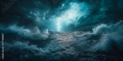 Digital artwork vividly portrays the intense energy of thunderclouds and lightning strikes amidst tumultuous ocean waves under a stormy sky. © NaphakStudio