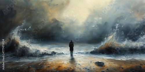 Digital illustration of alone man stands on beach with a tumultuous sea, surrounded by the dramatic interplay of light and shadow in a stormy.