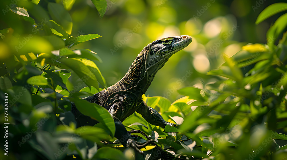 A monitor lizard gracefully navigating through lush foliage, its powerful tail leaving a trail, with soft sunlight filtering through the leaves